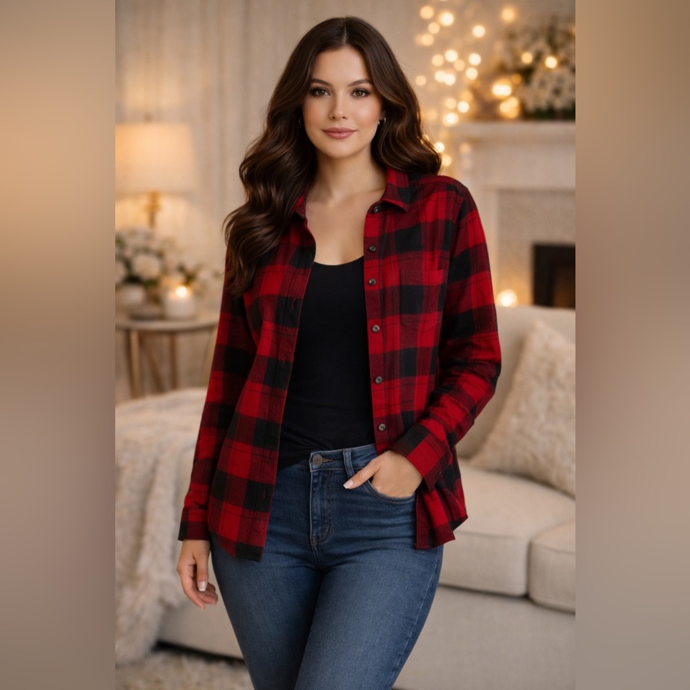 Old Navy red black plaid flannel the boyfriend shirt button down